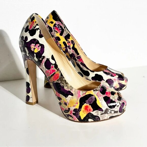 New Roberto Festa Peep toe patent multicolor print platform heels pumps size 36 - Picture 1 of 6